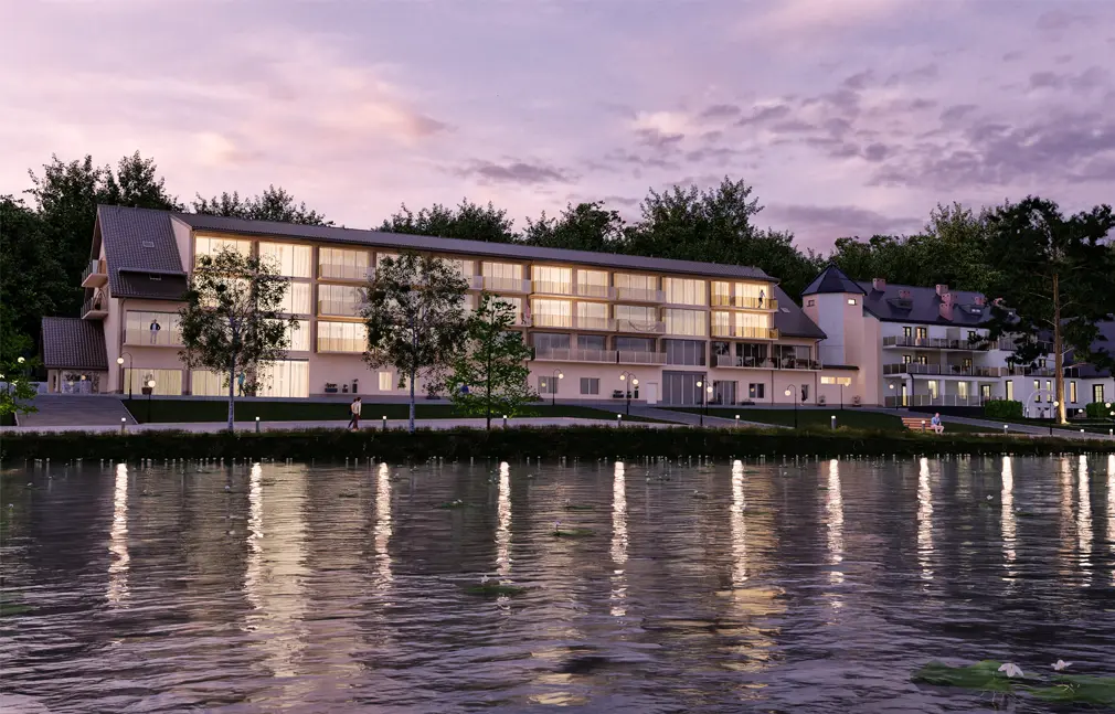 3D-Visualisierung eines Hotels am Wasser