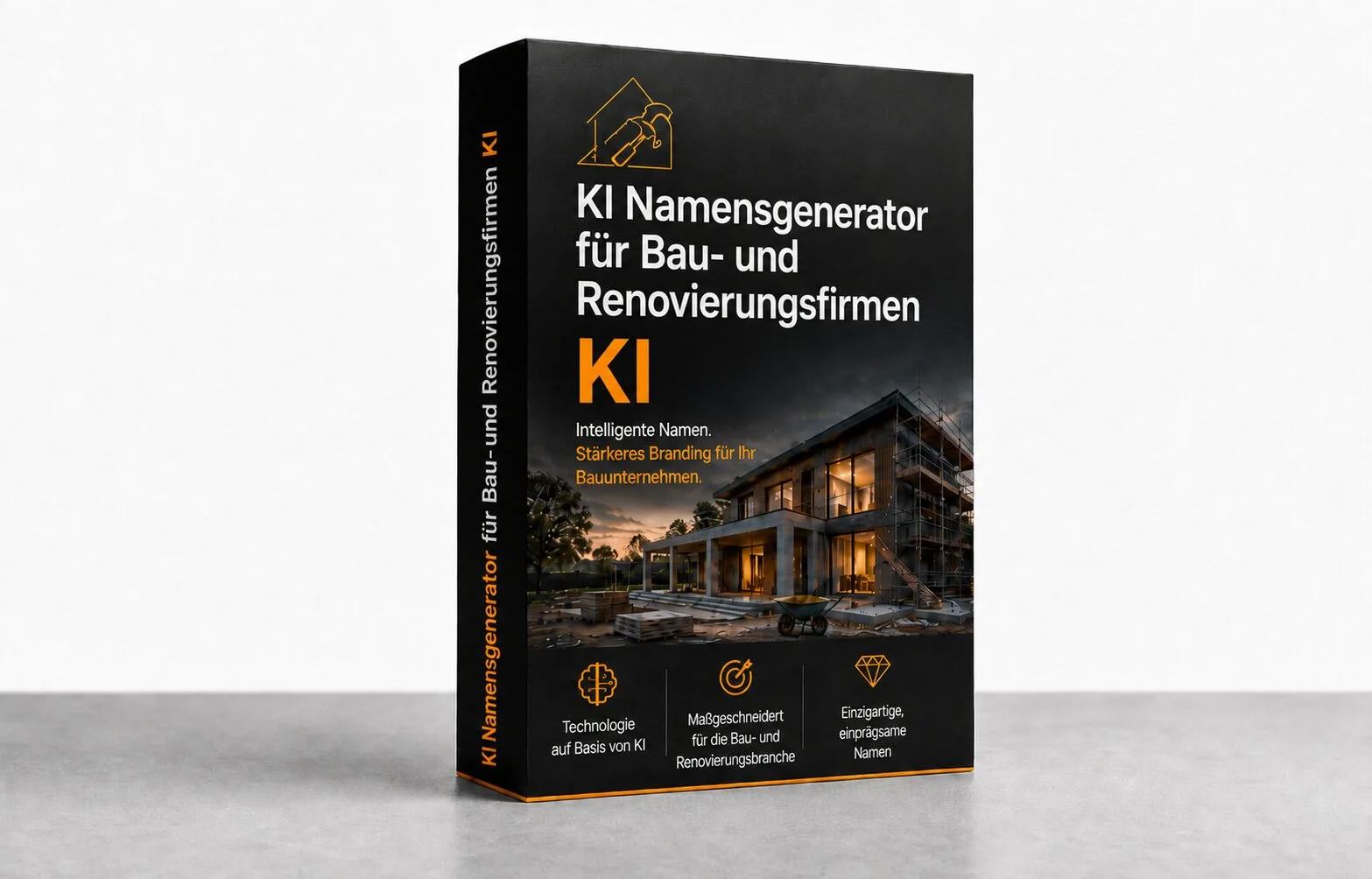 Produkt-Mockup für den KI Namensgenerator für Bau und Renovierungsunternehmen von REND.PRO