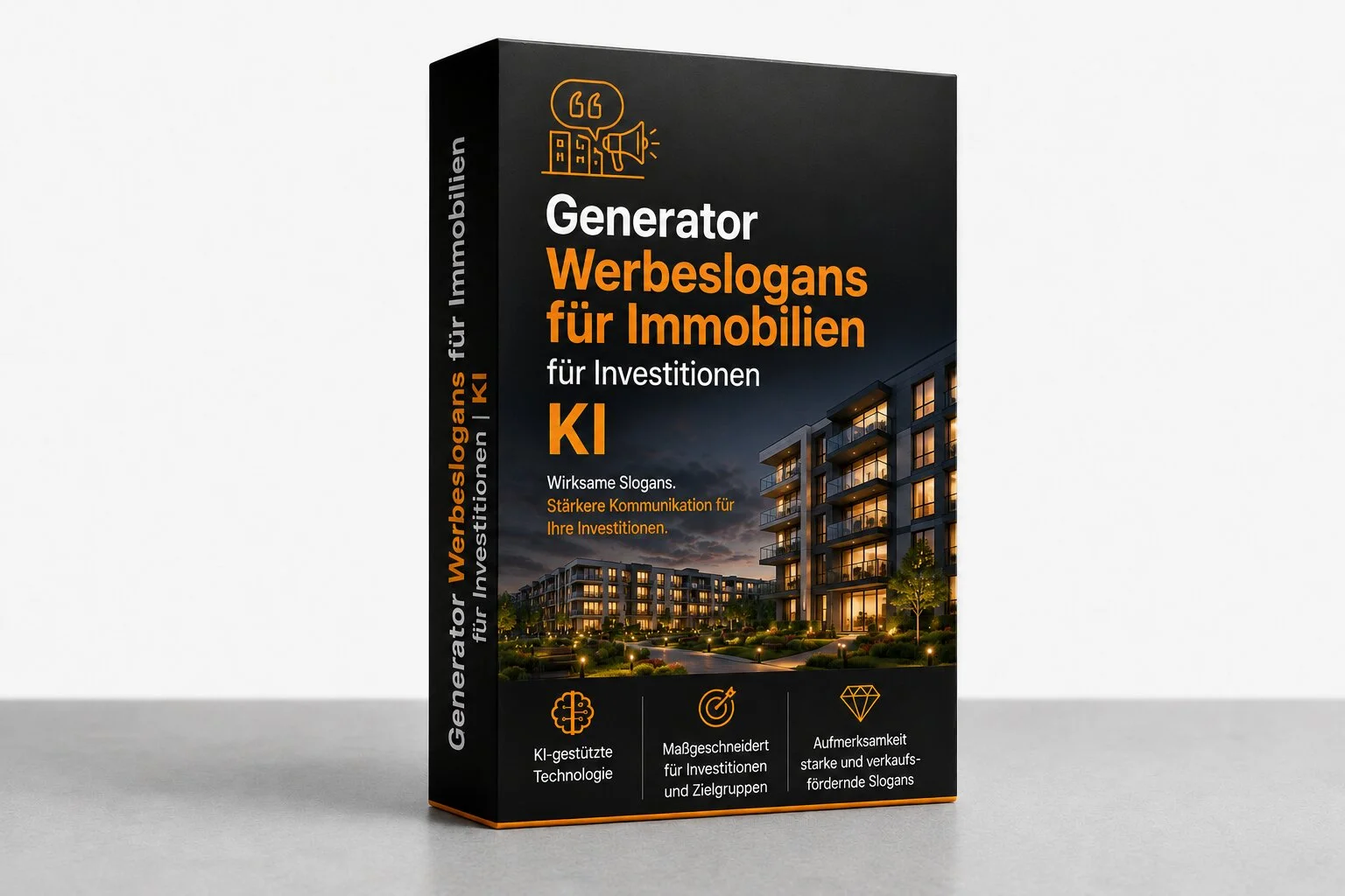 Produkt-Mockup für den KI Werbeslogan Generator für Immobilien von REND.PRO