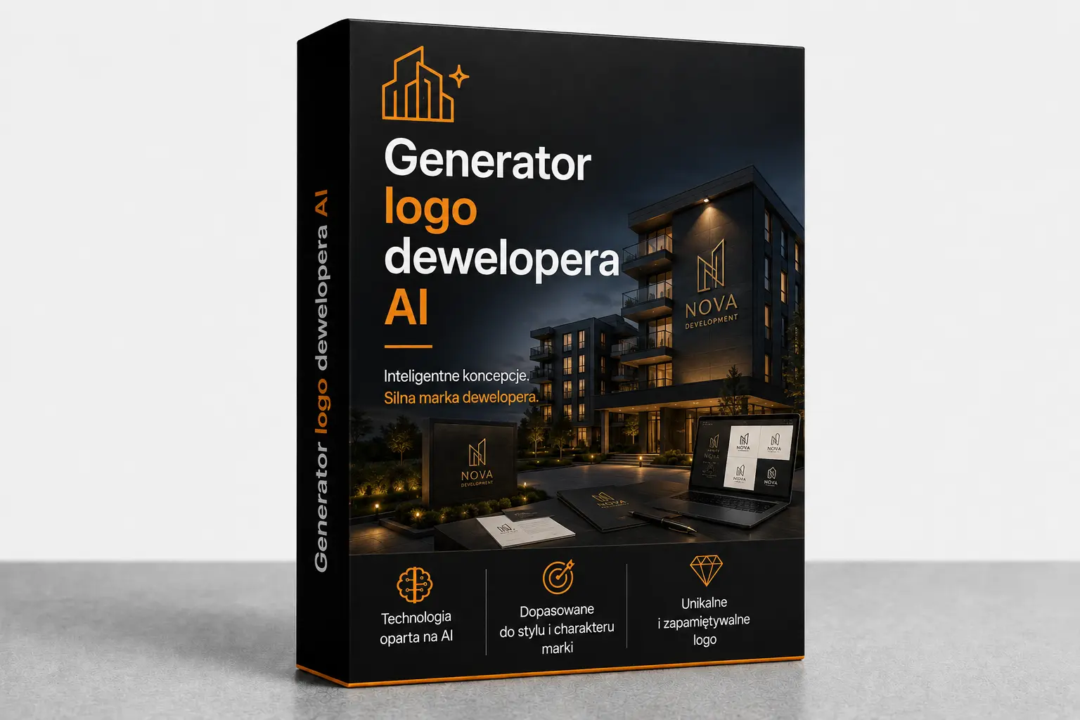 Mockup produktu cyfrowego Generator logo dewelopera AI REND.PRO