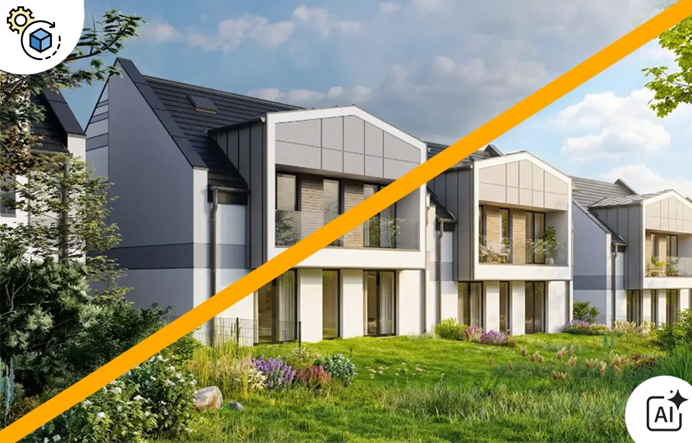 render osiedla przed i po poprawie światła, zieleni i otoczenia