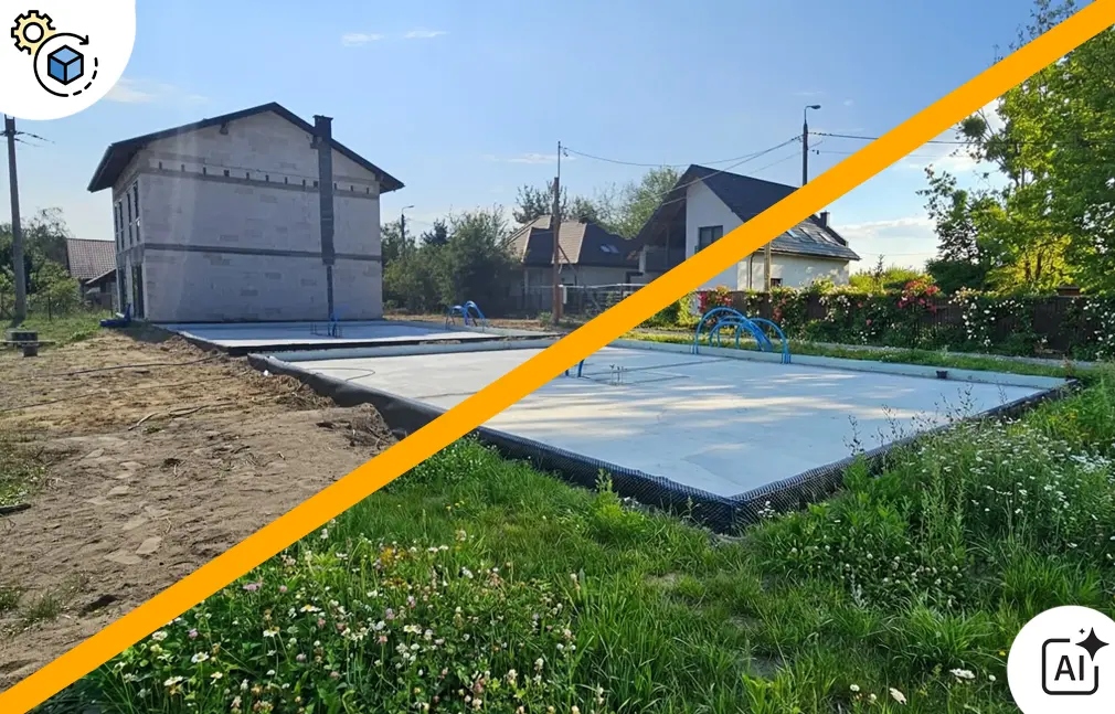 zdjęcie inwestycji w budowie przed i po uzupełnieniu zieleni i otoczenia