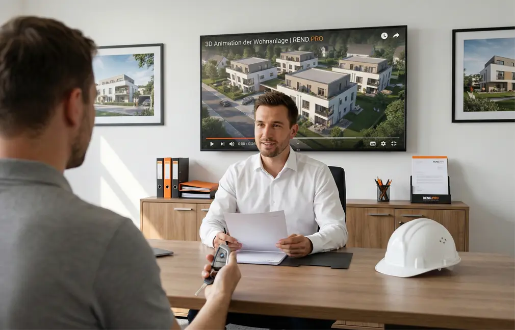 3D-Animation einer Wohnsiedlung im Hintergrund im Büro eines Bauträgers