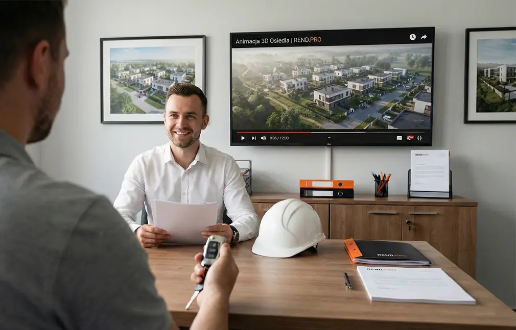 animacja 3d osiedla w tle w biurze dewelopera