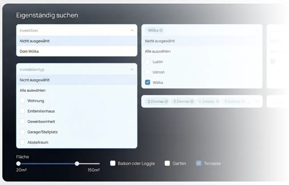 Suche nach Einheiten, Häusern und Wohnungen auf der Entwickler-Website