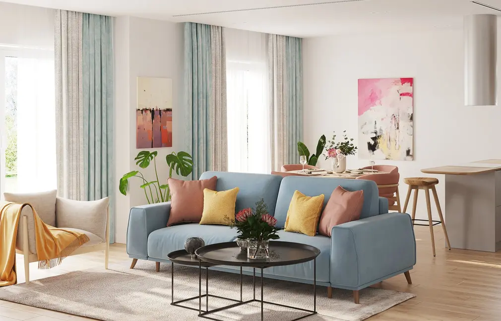 Visualisierung eines Wohnzimmers mit Küchenzeile