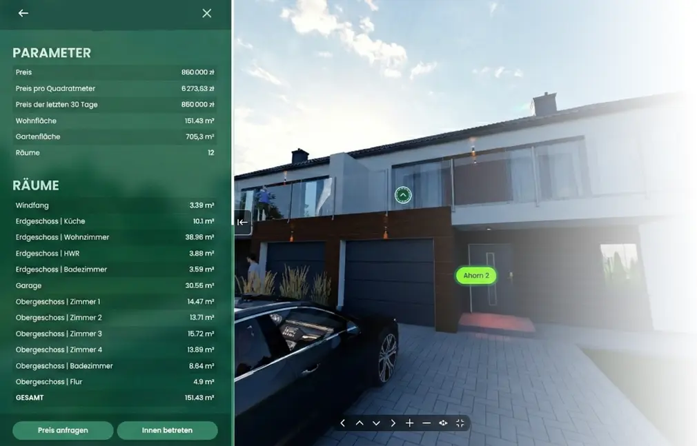Parameter, Raume und Immobilienpreise im rendtour 360 virtuellen Rundgang