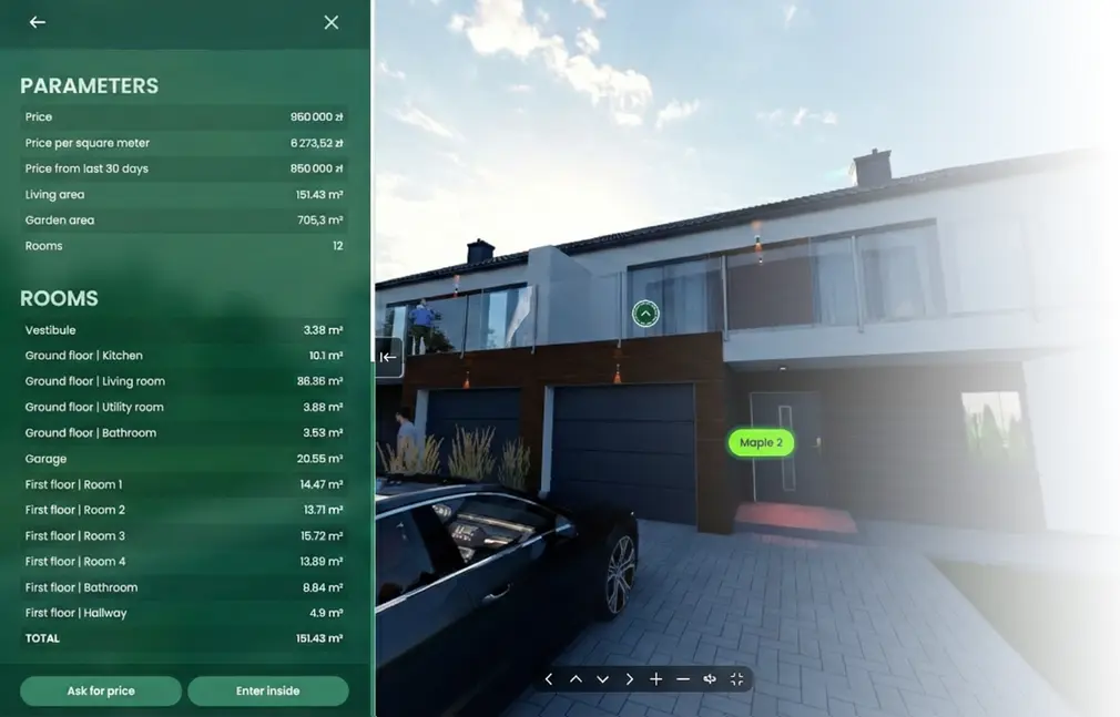 parameters, rooms, and property prices in the rendtour 360 virtual walkthrough