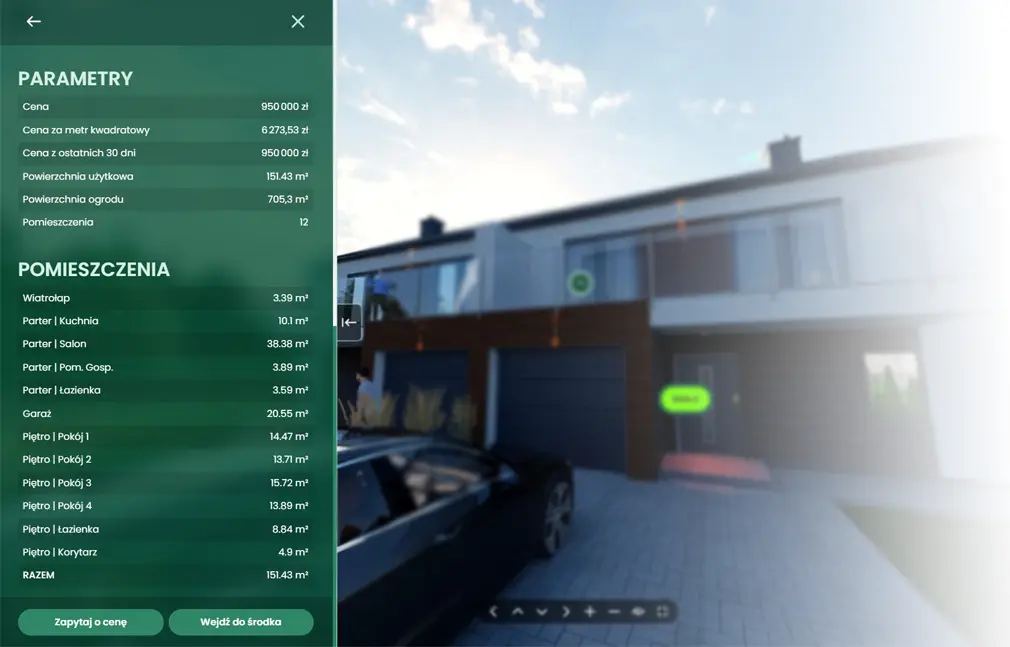 parametry, pomieszczenia, ceny lokalu i domu wirtualnego spaceru rendtour 360