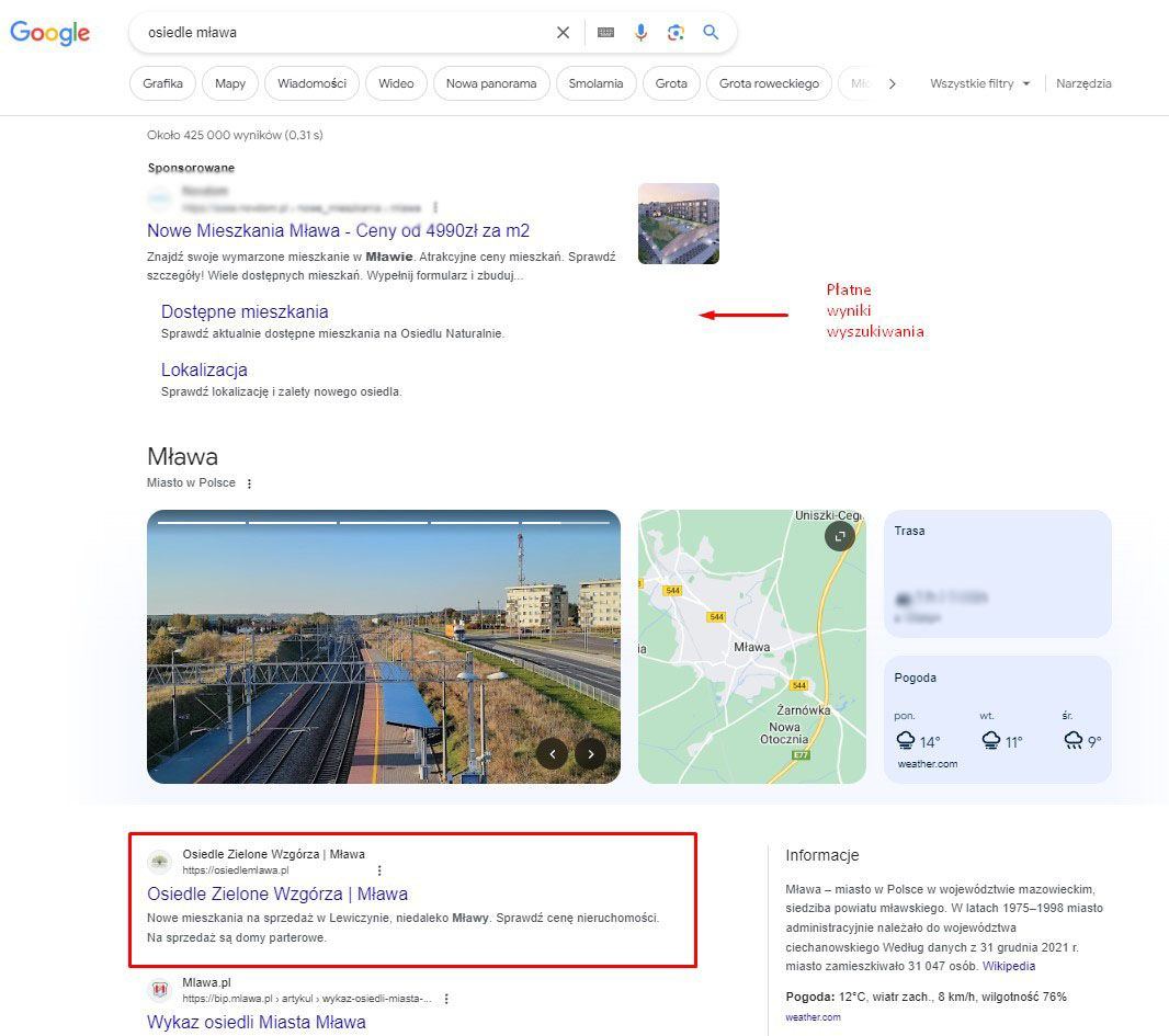Osiedle Zielone Wzgórza Mława - Super SEO for Real Estate Project Website The site after a few months found itself on the 1st position in Google - organ