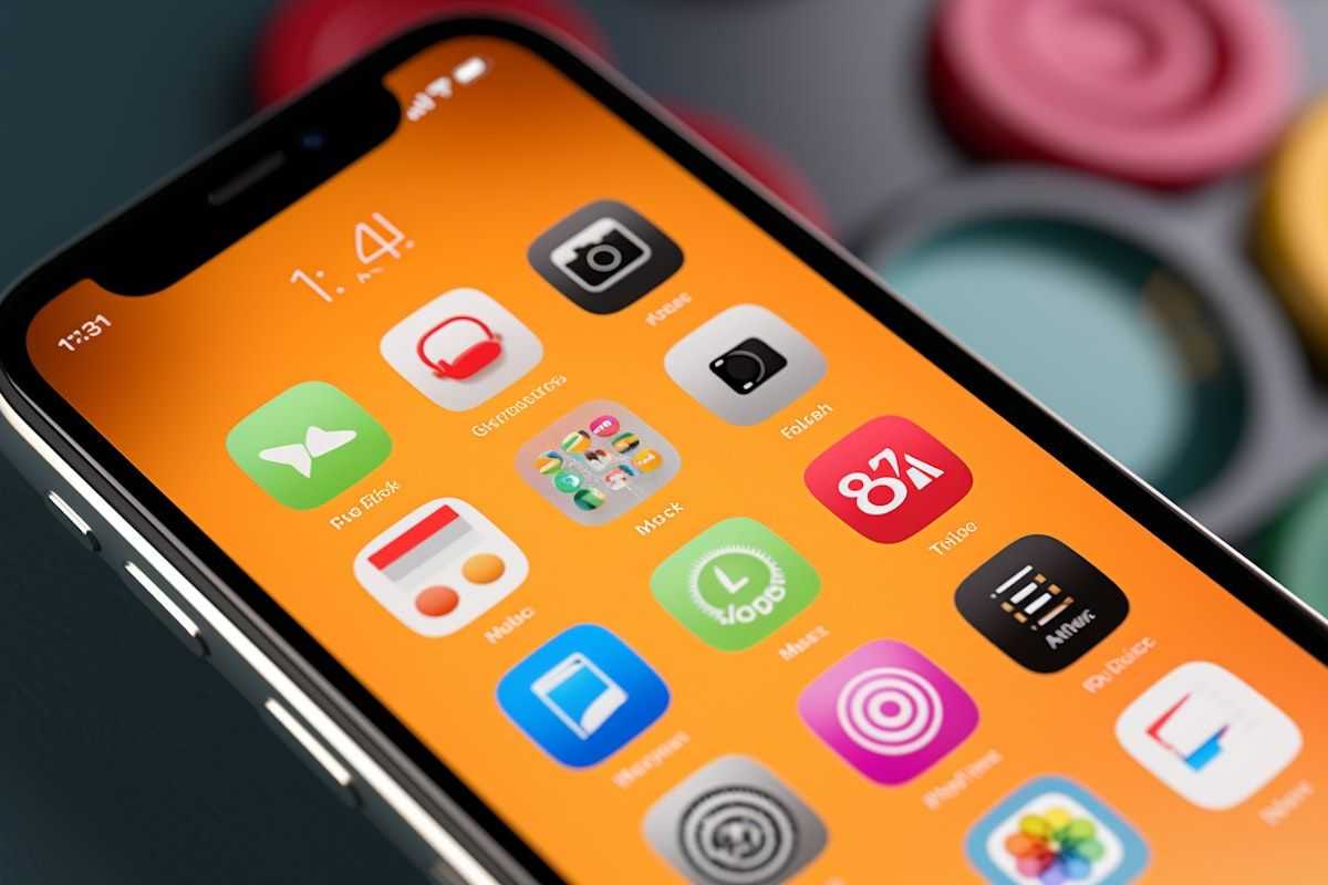 Zbliżenie na ekran smartfona iPhone, wyświetlający ekran główny z kolorowymi ikonami aplikacji na pomarańczowym tle. 