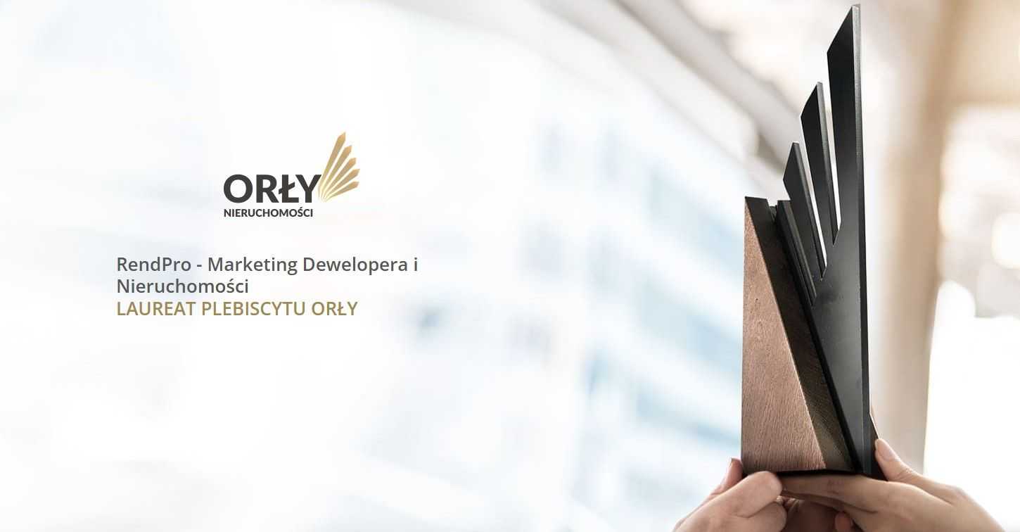 Ekran z logo "ORŁY Nieruchomości" i tekstem "RendPro - Marketing Dewelopera i Nieruchomości LAUREAT PLEBISCYTU ORŁY"