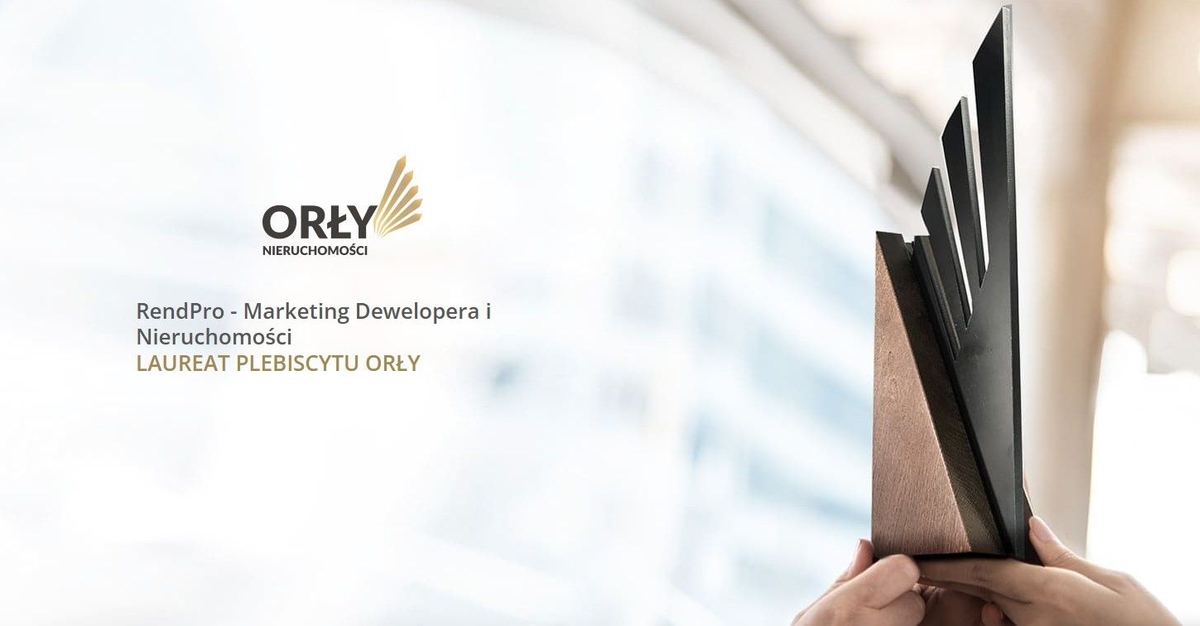 Ekran z logo "ORŁY Nieruchomości" i tekstem "RendPro - Marketing Dewelopera i Nieruchomości LAUREAT PLEBISCYTU ORŁY"