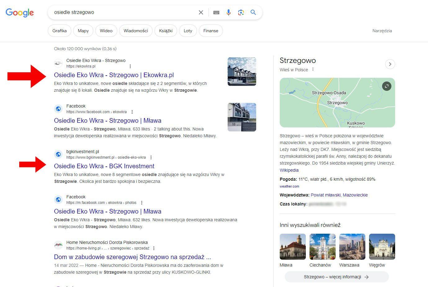EkoWkra Strzegowo - Wysoka pozycja strony dewelopera i inwestycji w Google Strona po kilku miesiącach strona inwestycji znalazła się na 1 po
