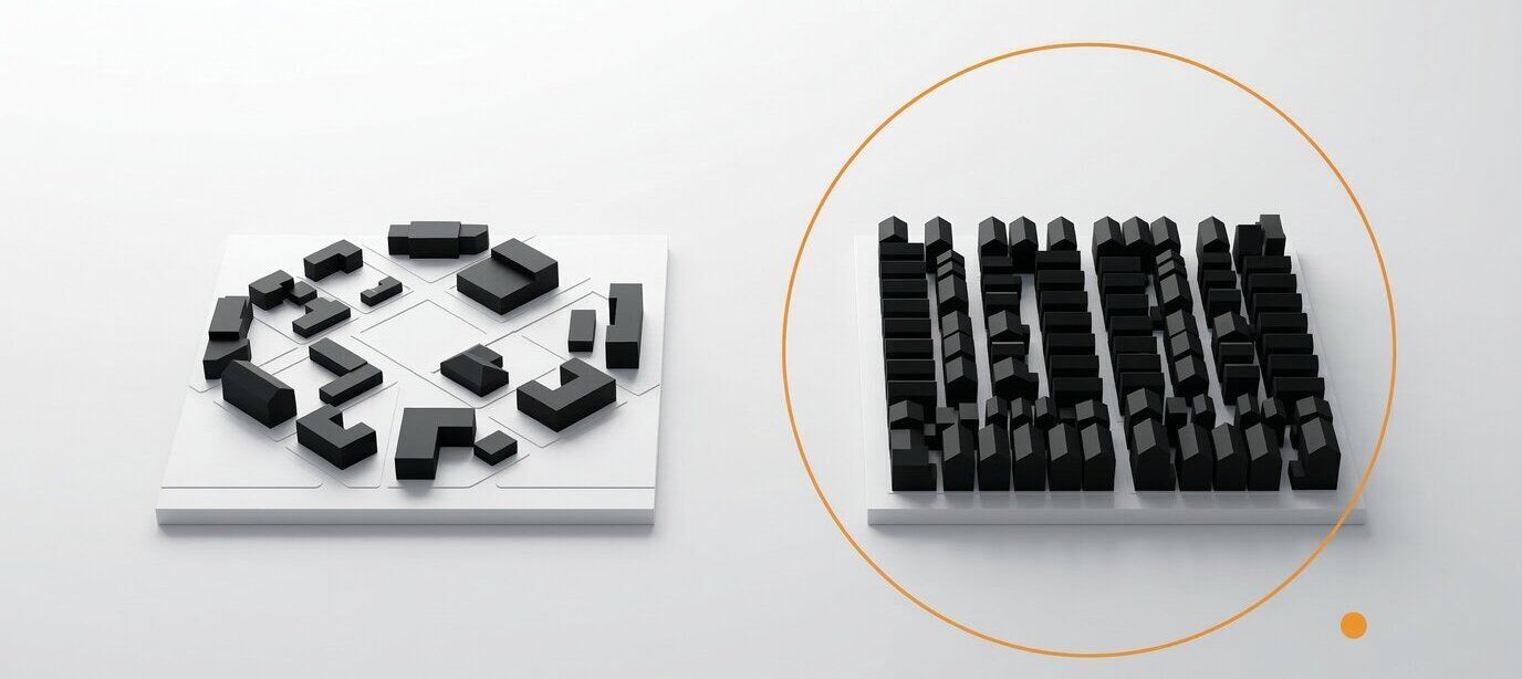 Widok na wewnętrzne podwórze studni między budynkami mieszkalnymi – elewacja z wieloma oknami