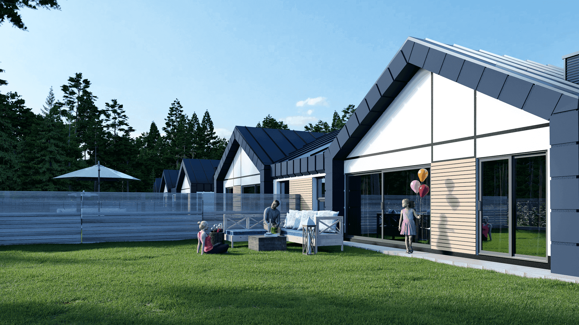 Wizualizacja 3D nowoczesnych domów parterowych z ogrodami 
