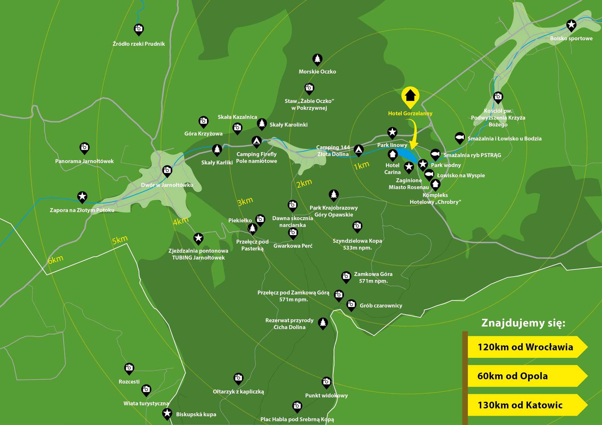 Mapa lokalizacji osiedla mieszkaniowego z zaznaczeniem pobliskich miast i atrakcji 