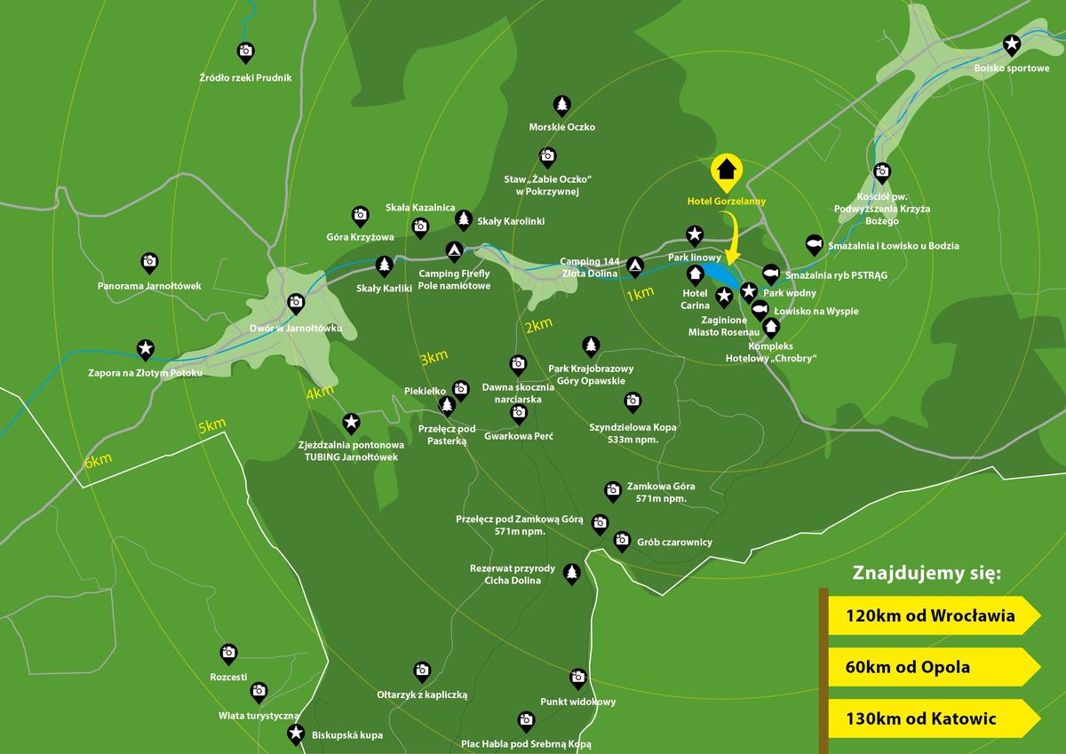 Mapa lokalizacji osiedla mieszkaniowego z zaznaczeniem pobliskich miast i atrakcji