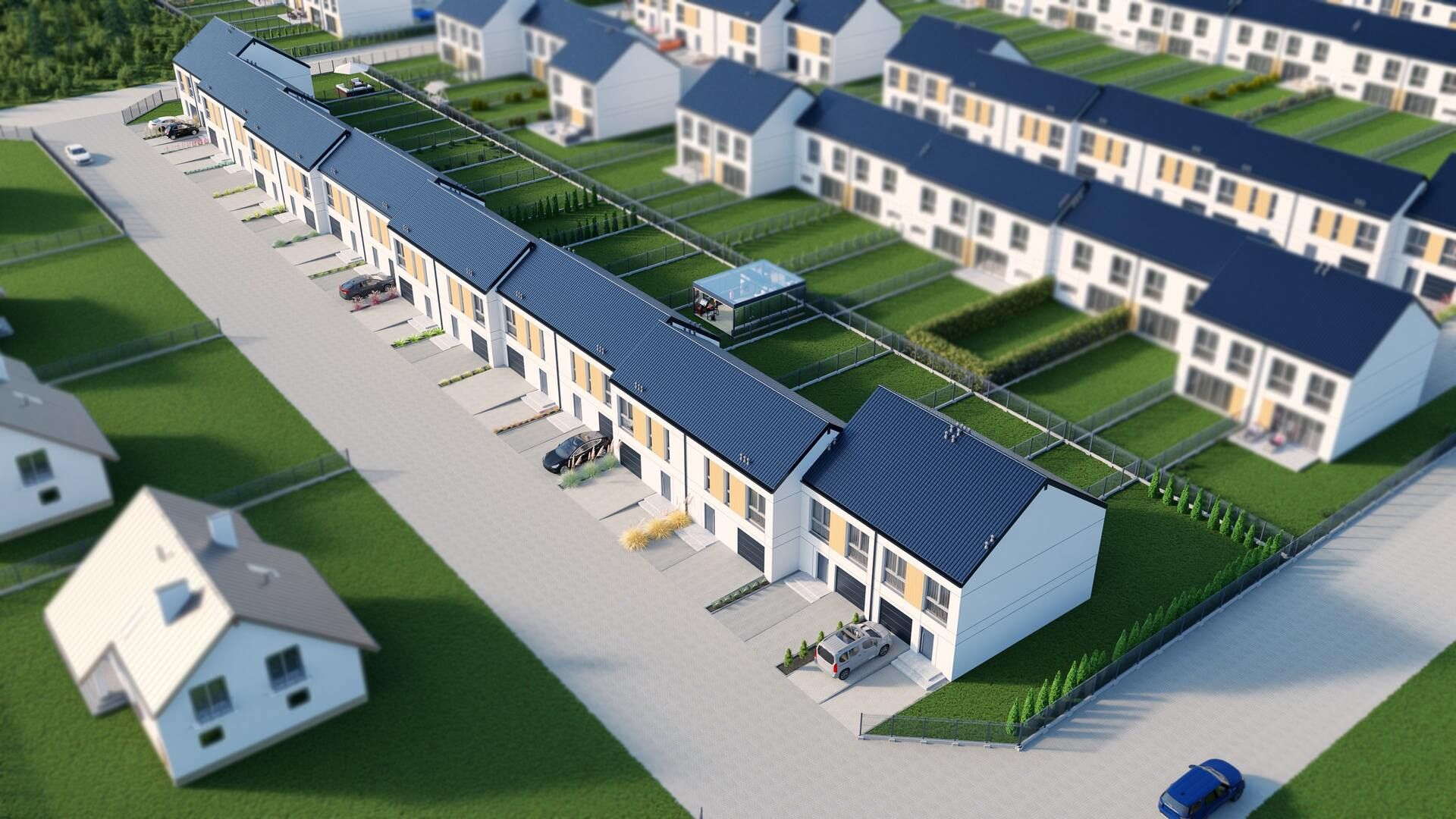 Wizualizacje 3D "z lotu ptaka" każdego z 7 etapów osiedla