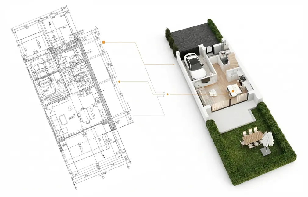 porównanie rzutu architektonicznego z rzutem 3d