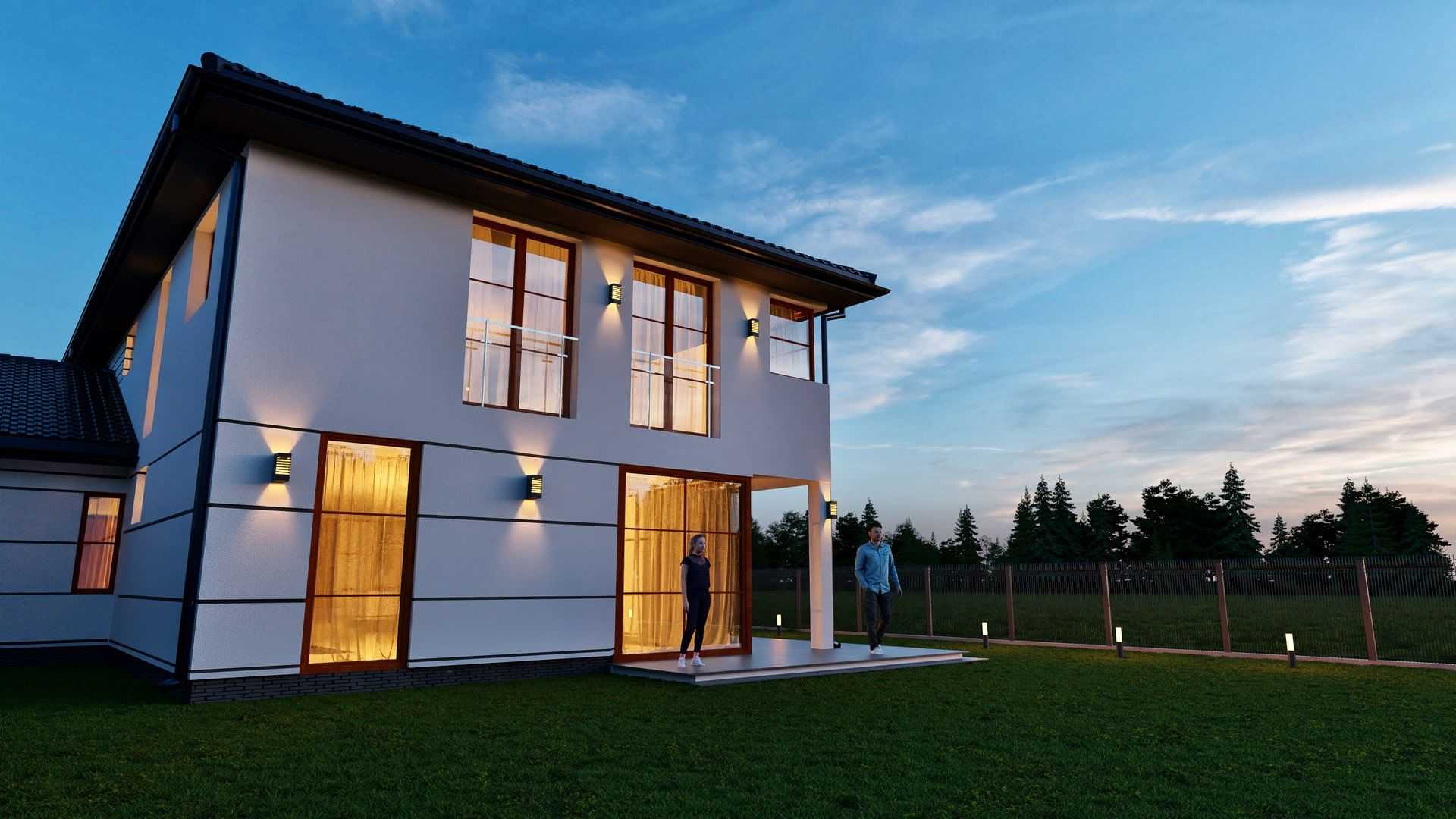 Wizualizacja 3D nowoczesnego domu jednorodzinnego z jasną elewacją i ciemnym dachem