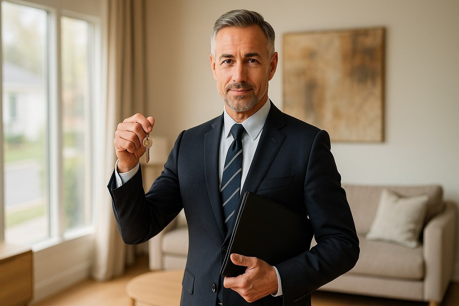Seasoned real estate broker handing over keys in a stylish living room