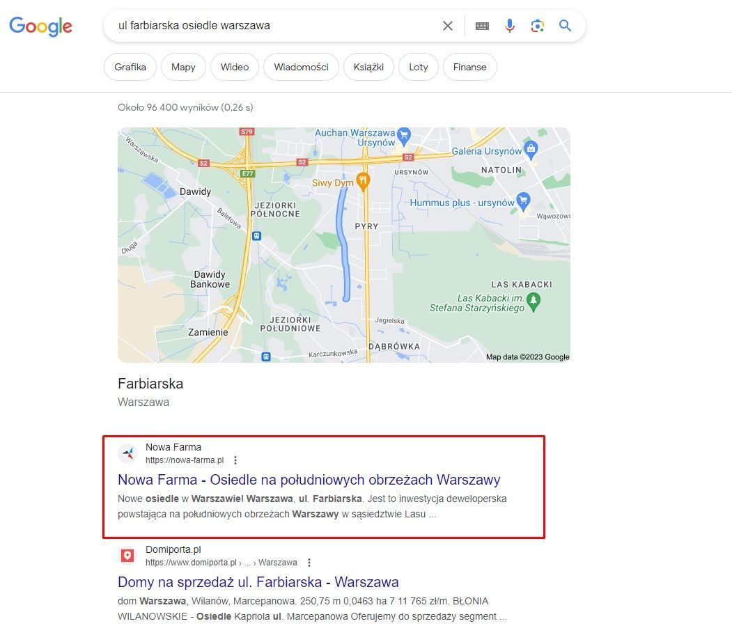 Nowa Farma - Warszawa - High Position of the Real Estate Investment Page in Google After a short period of time, the investment page was on the