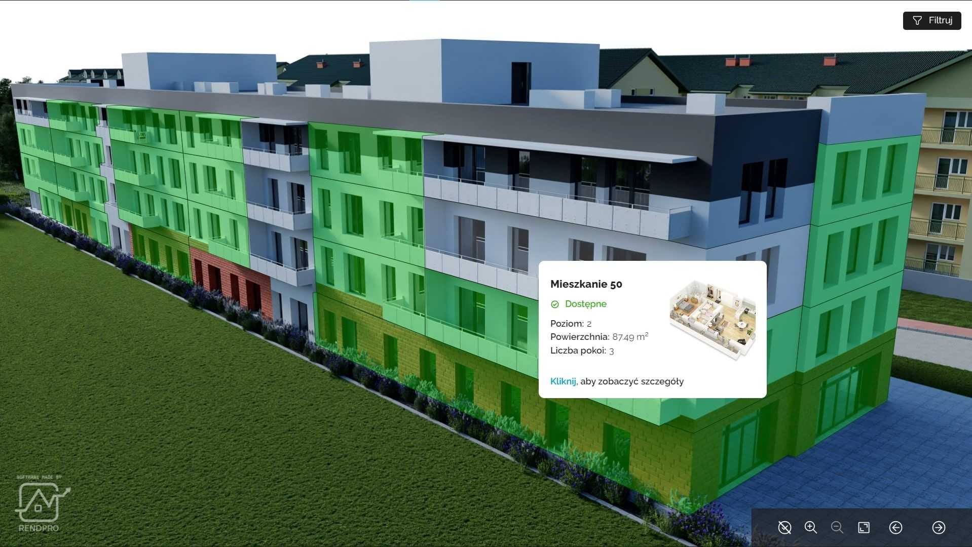 3D visualization: A multi-story apartment building displayed with green, white, and red sections indicating available units