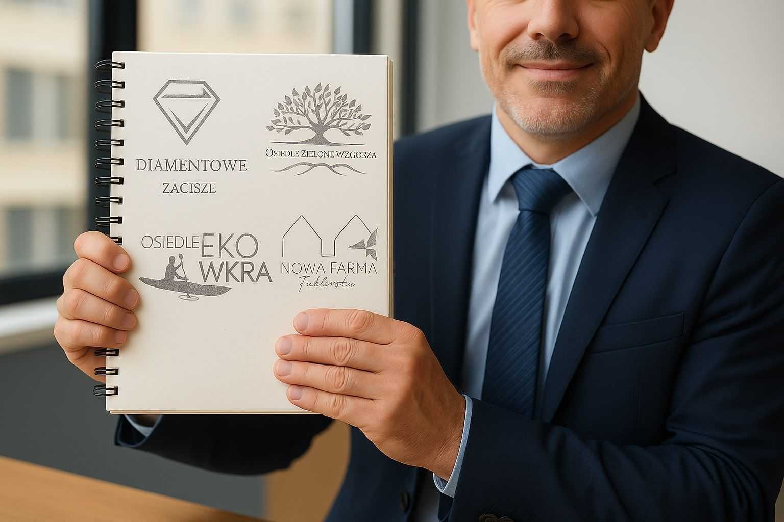 mężczyzna w garniturze prezentuje projekty logo osiedli deweloperskich