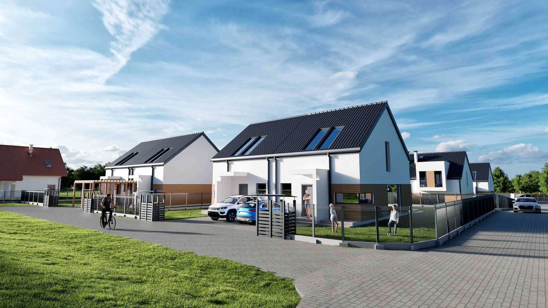 Wizualizacja 3D osiedla domów jednorodzinnych z podjazdami, ogrodzeniami i nowoczesną architekturą