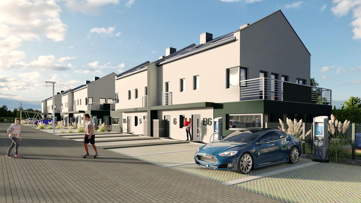Wizualizacja 3D osiedla nowoczesnych domów szeregowych w szczecinie z jasnymi elewacjami.