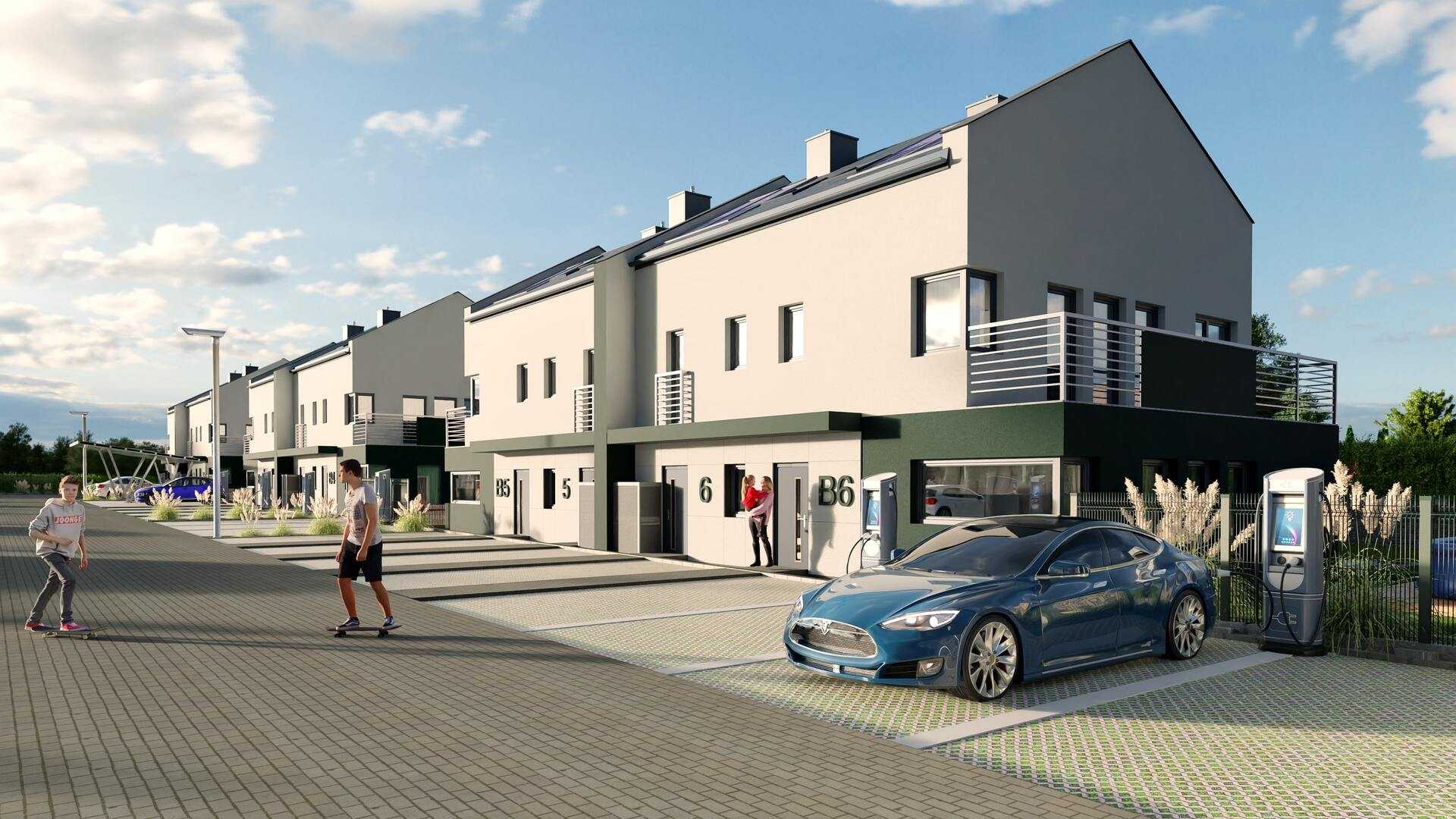 Wizualizacja 3D osiedla nowoczesnych domów szeregowych w szczecinie z jasnymi elewacjami.