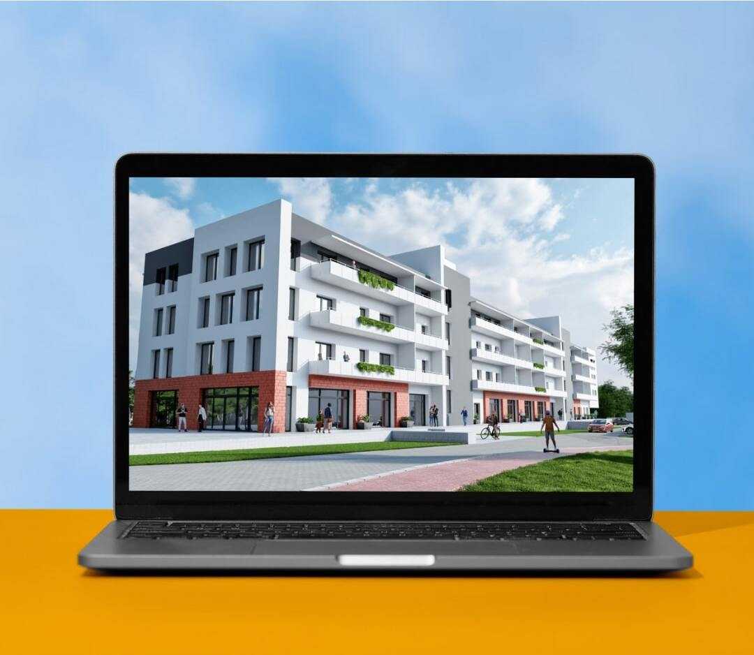 A laptop displaying a modern apartment building with white and dark gray facades, red brick ground floor, and multiple balconies with greenery. 