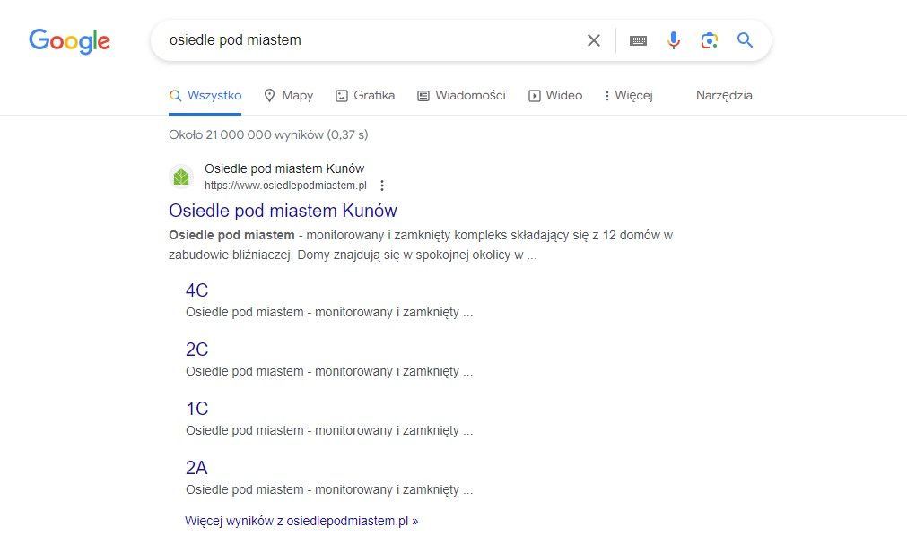 Osiedle pod miastem - Kunów, Zgorzelec - Hohe Position der Investment-Website Nach kurzer Zeit fand sich die Investitionsseite des Bauträgers DWR Development auf