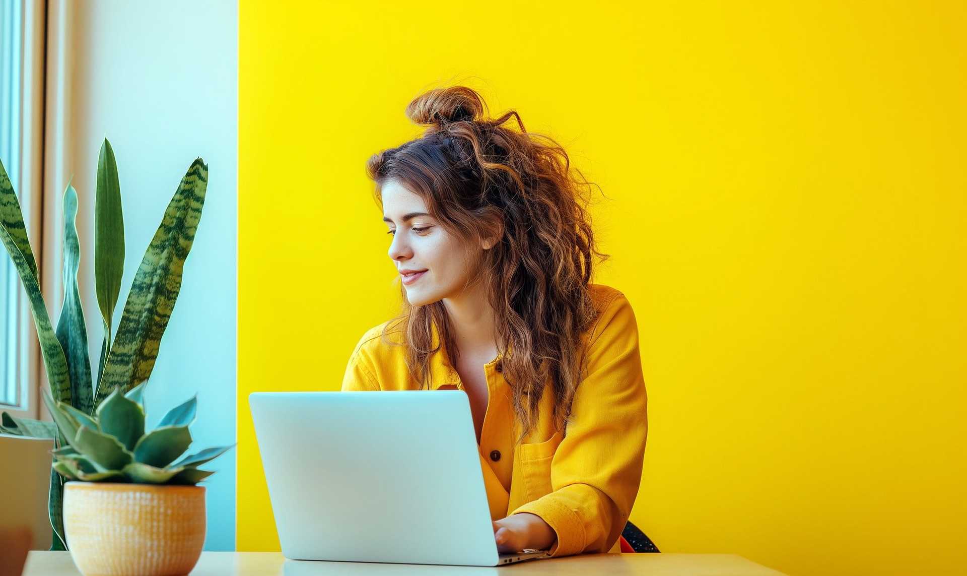 Kobieta pracująca przy laptopie na tle żółtej ściany