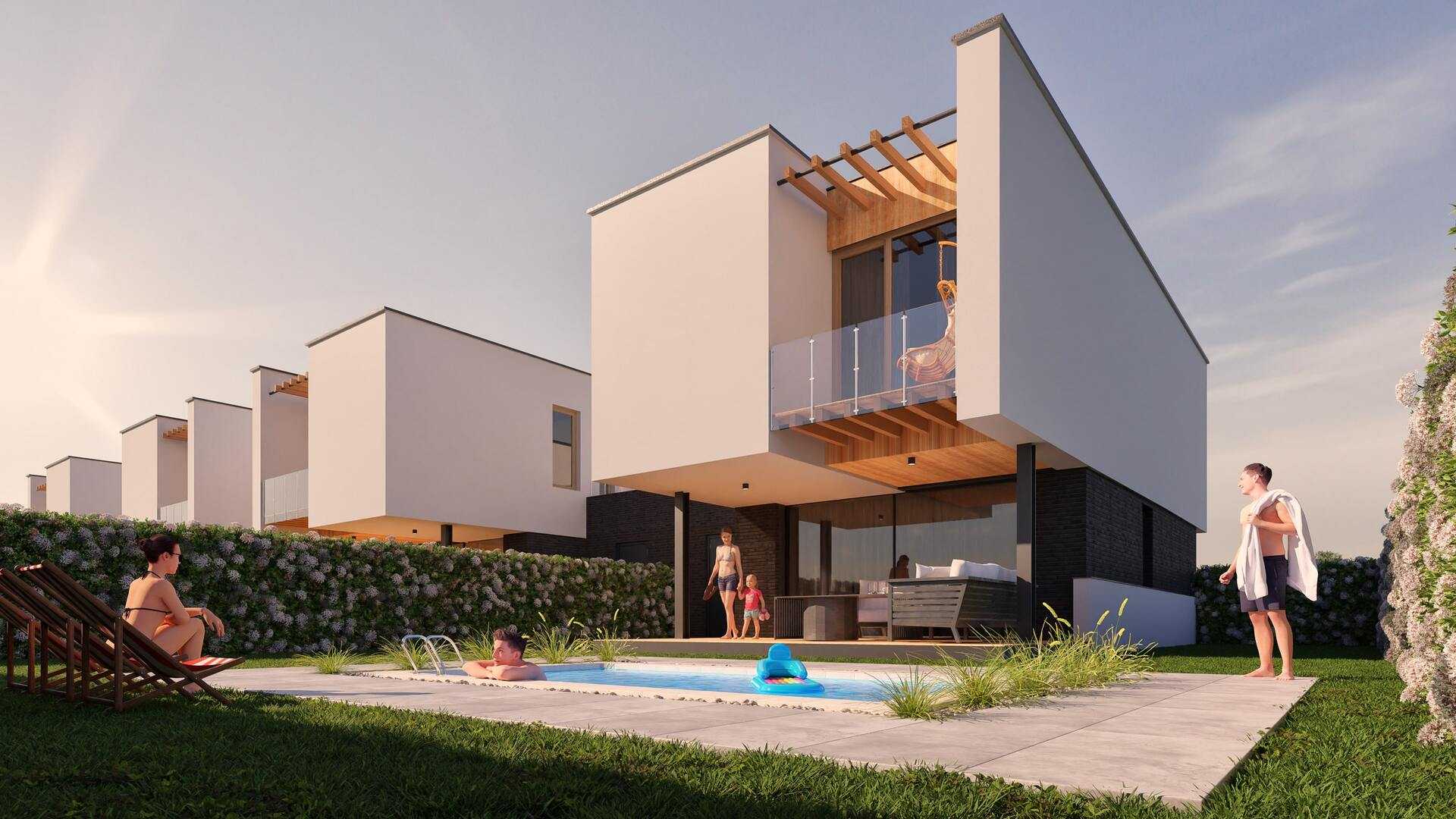 Wizualizacja 3D nowoczesnego osiedla domów z basenem w ogrodzie