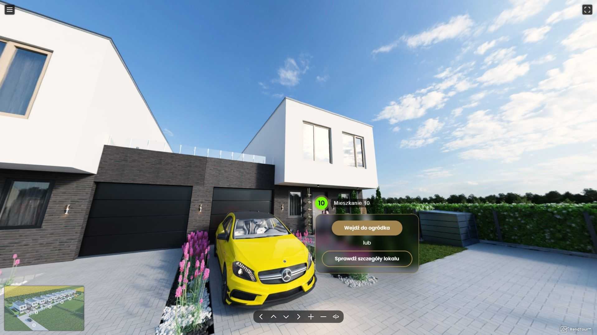 Zrzut ekranu ze spaceru 3D ukazujący nowoczesny dom z garażem