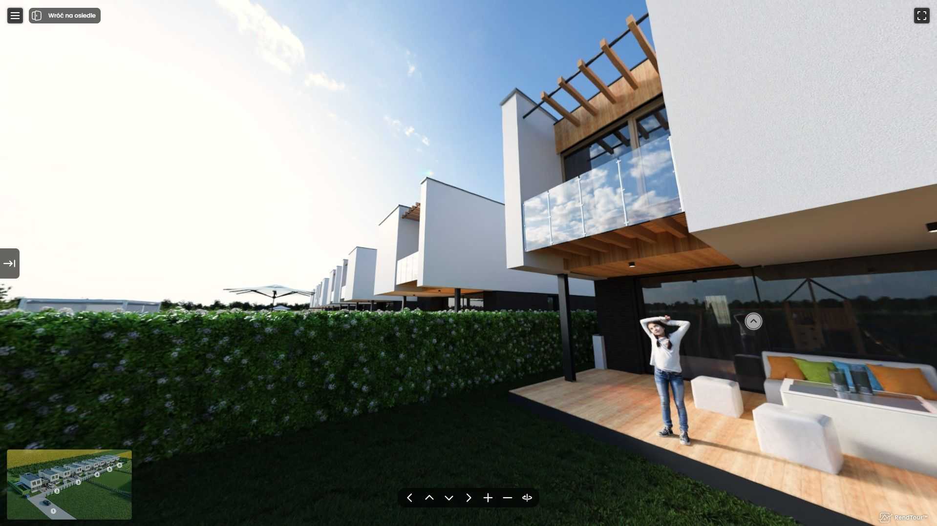 Zrzut ekranu ze spaceru 3D ukazujący nowoczesny dom z tarasem