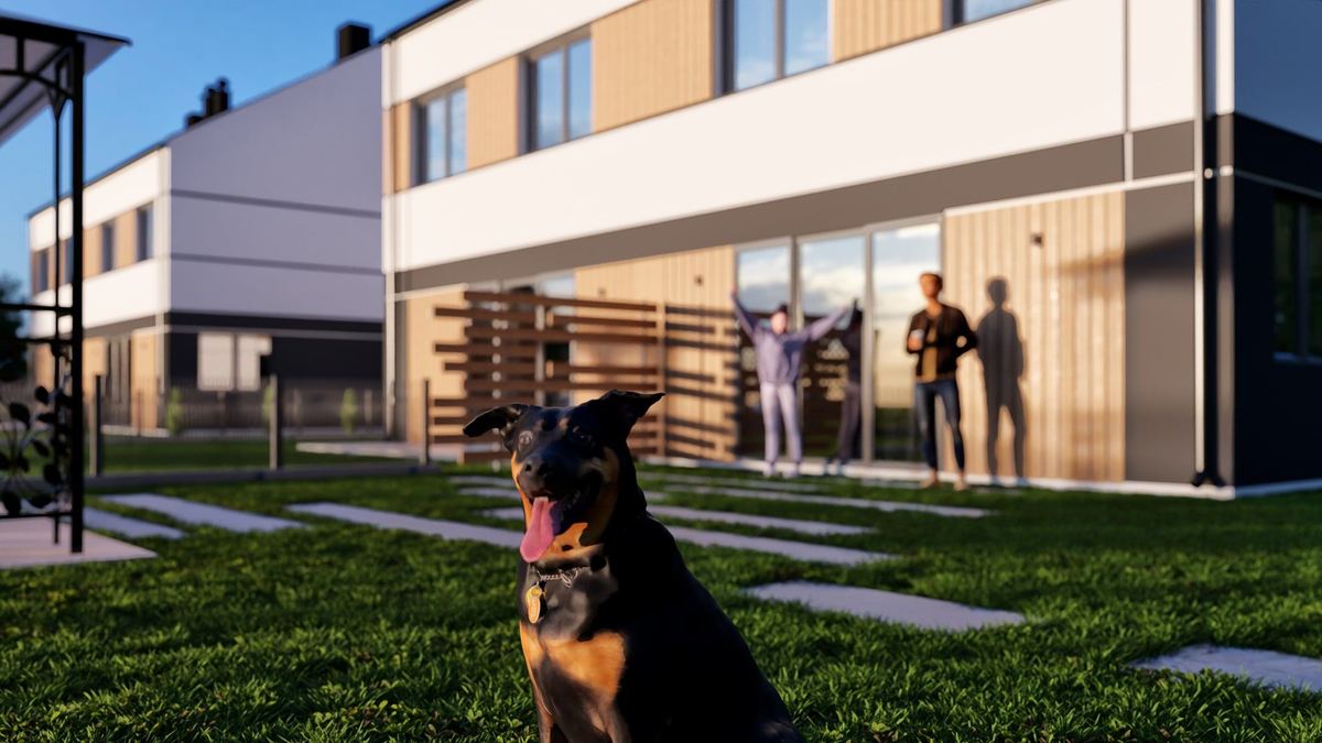 Wizualizacja 3D nowoczesnego osiedla domów szeregowych z jasnymi elewacjami i drewnianymi akcentami.