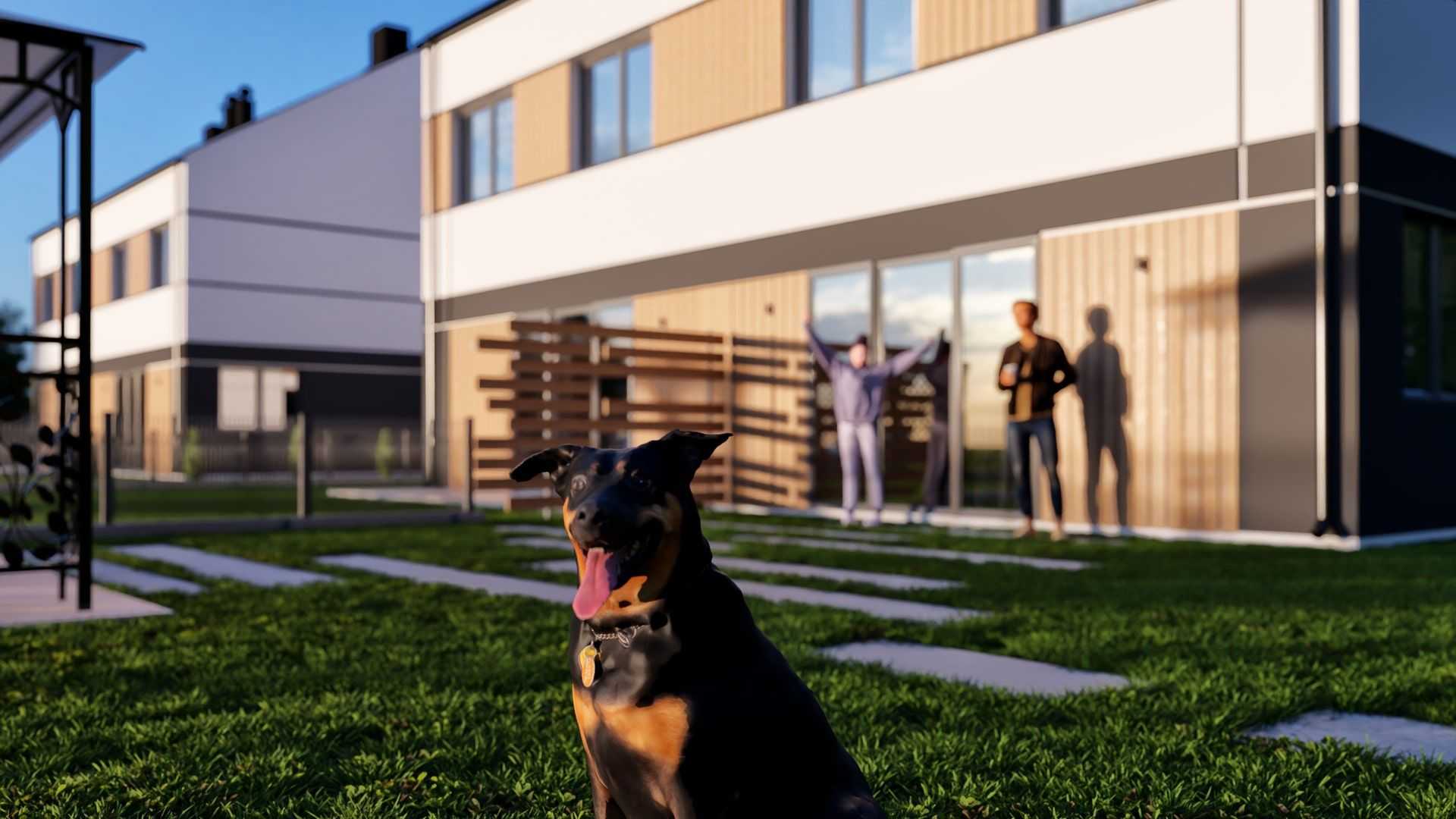 Wizualizacja 3D nowoczesnego osiedla domów szeregowych z jasnymi elewacjami i drewnianymi akcentami.