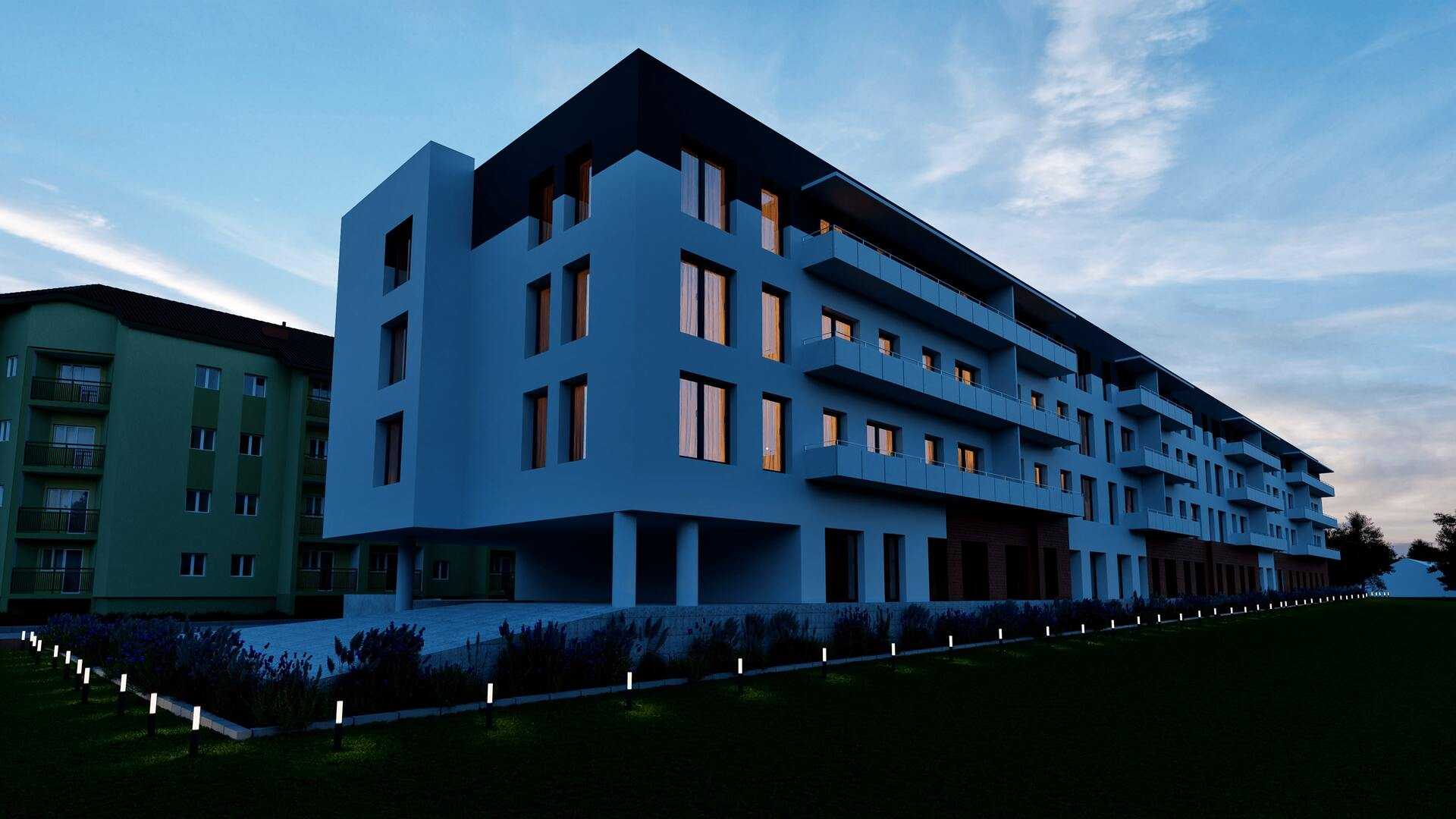 Wizualizacja 3D nowoczesnego budynku wielorodzinnego z oświetleniem wieczornym