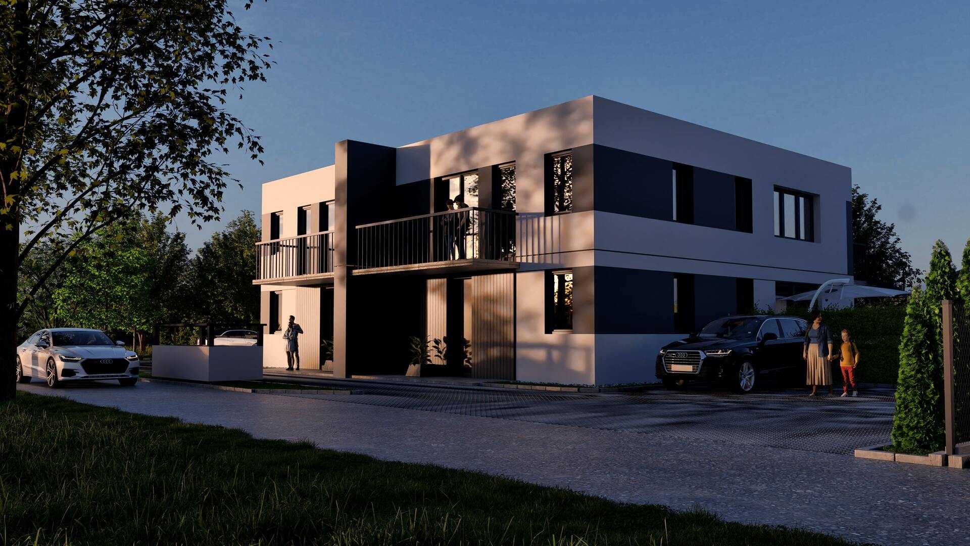 Wizualizacja 3D nowoczesnego budynku mieszkalnego w zabudowie bliźniaczej