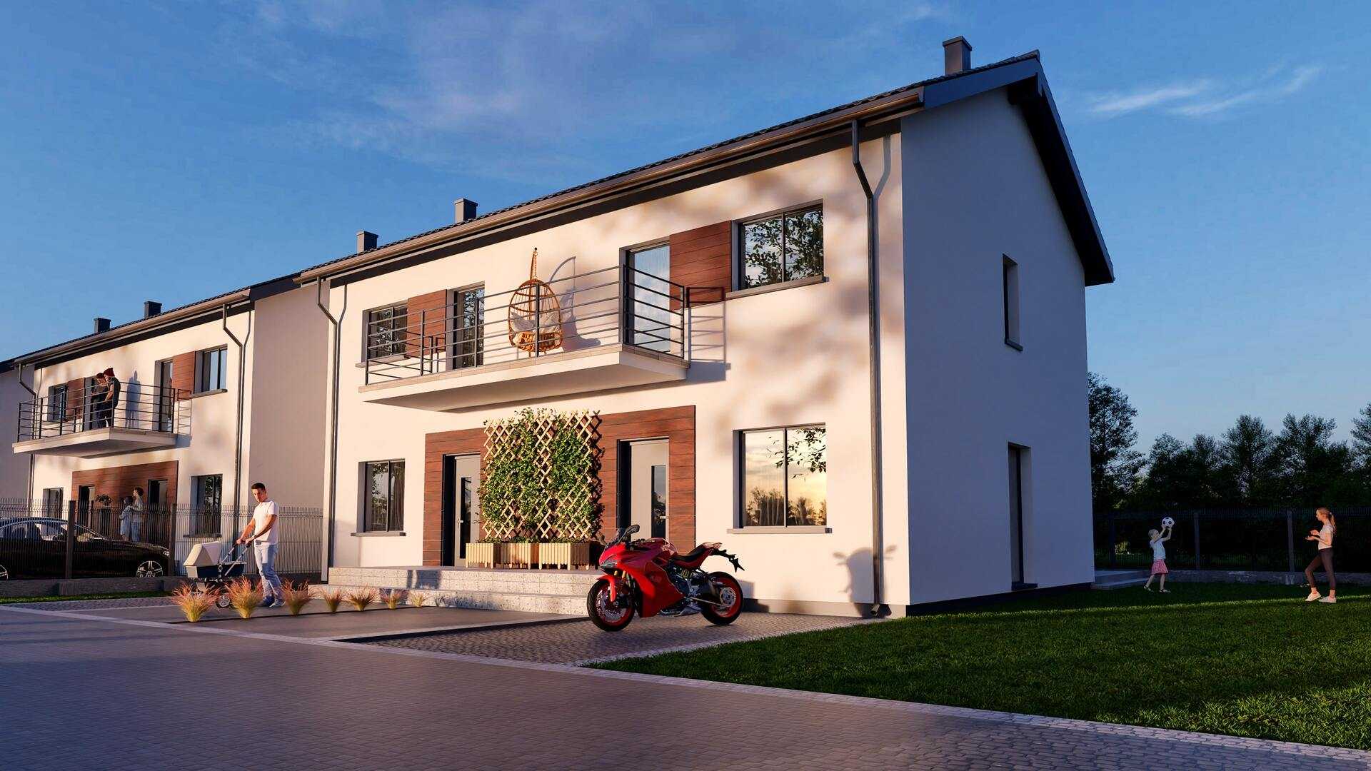 Wizualizacja 3D nowoczesnego osiedla domów w zabudowie szeregowej, z jasnymi elewacjami i ciemnymi dachami. Przed domami widoczne są podjazdy, z jednym zaparkowanym motocyklem i postaciami ludzi oraz psa. W tle rozciąga się zielona przestrzeń z drzewami.