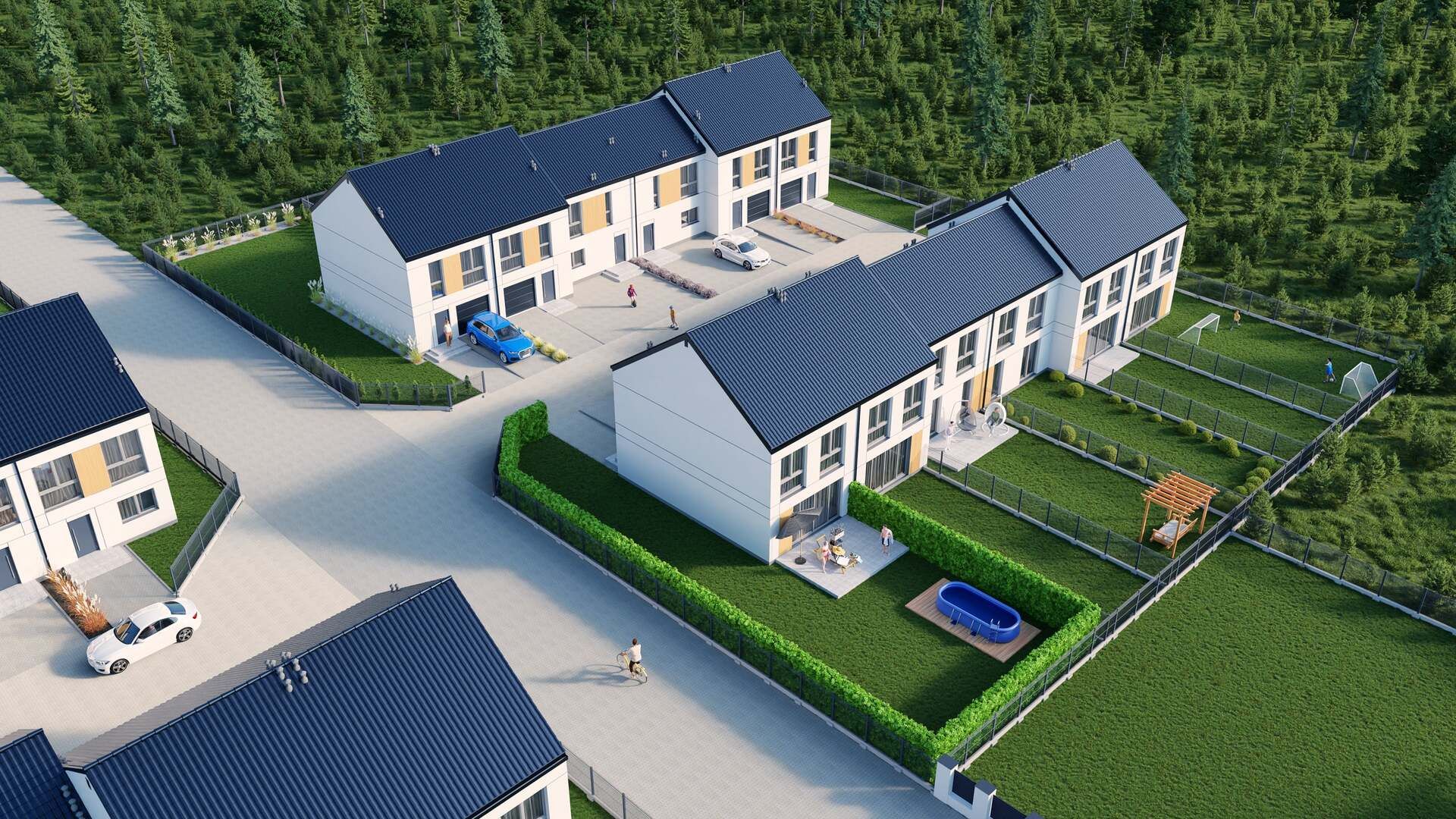 Wizualizacje 3D "z lotu ptaka" każdego z 7 etapów osiedla