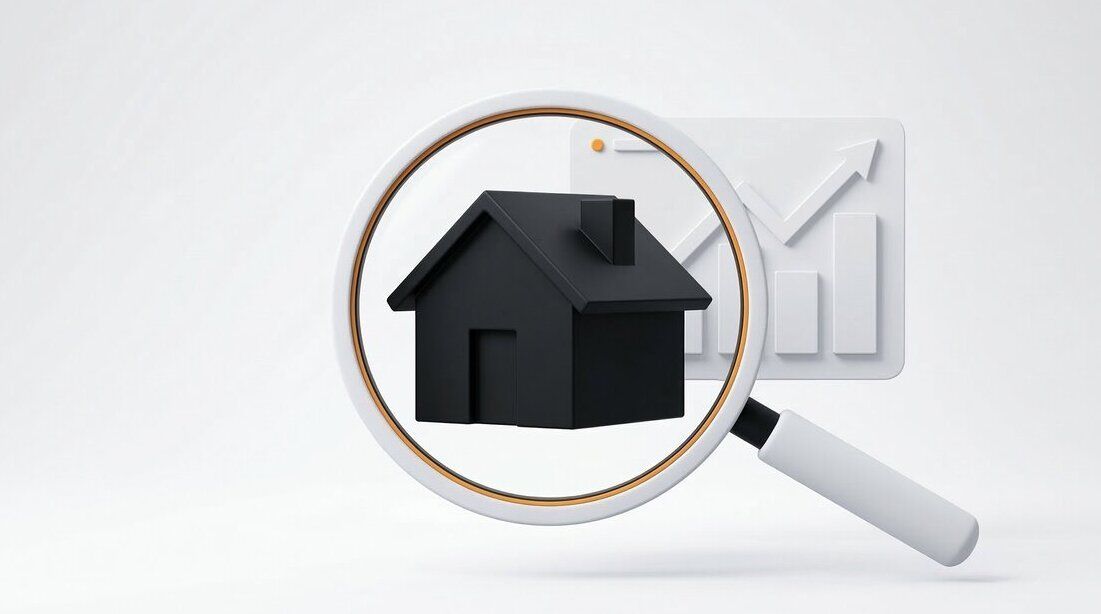 Laptop displaying a rising property chart, miniature houses and bold SEO letters on a desk 