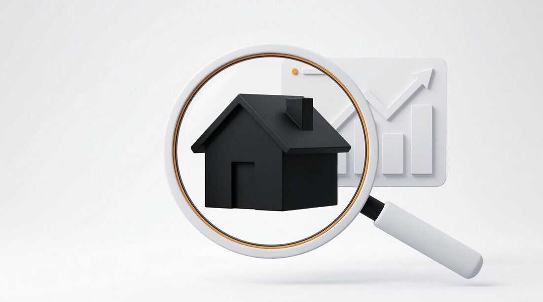 Laptop displaying a rising property chart, miniature houses and bold SEO letters on a desk 