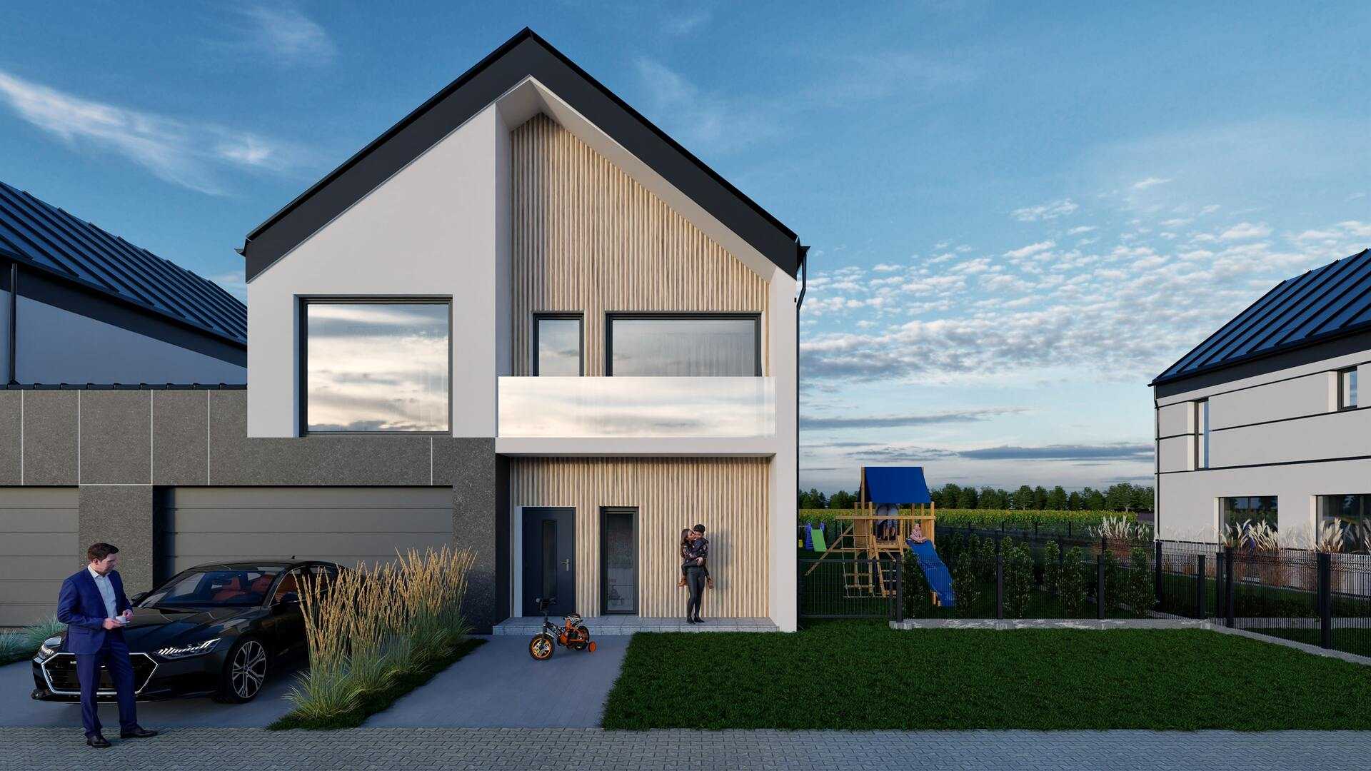 wizualizacja 3d cgi nieruchomosci   domu jednorodzinnego w zabudowie bliźniaczej, z białymi elewacjami, ciemnym dachem i drewnianymi elementami wykończeniowymi.