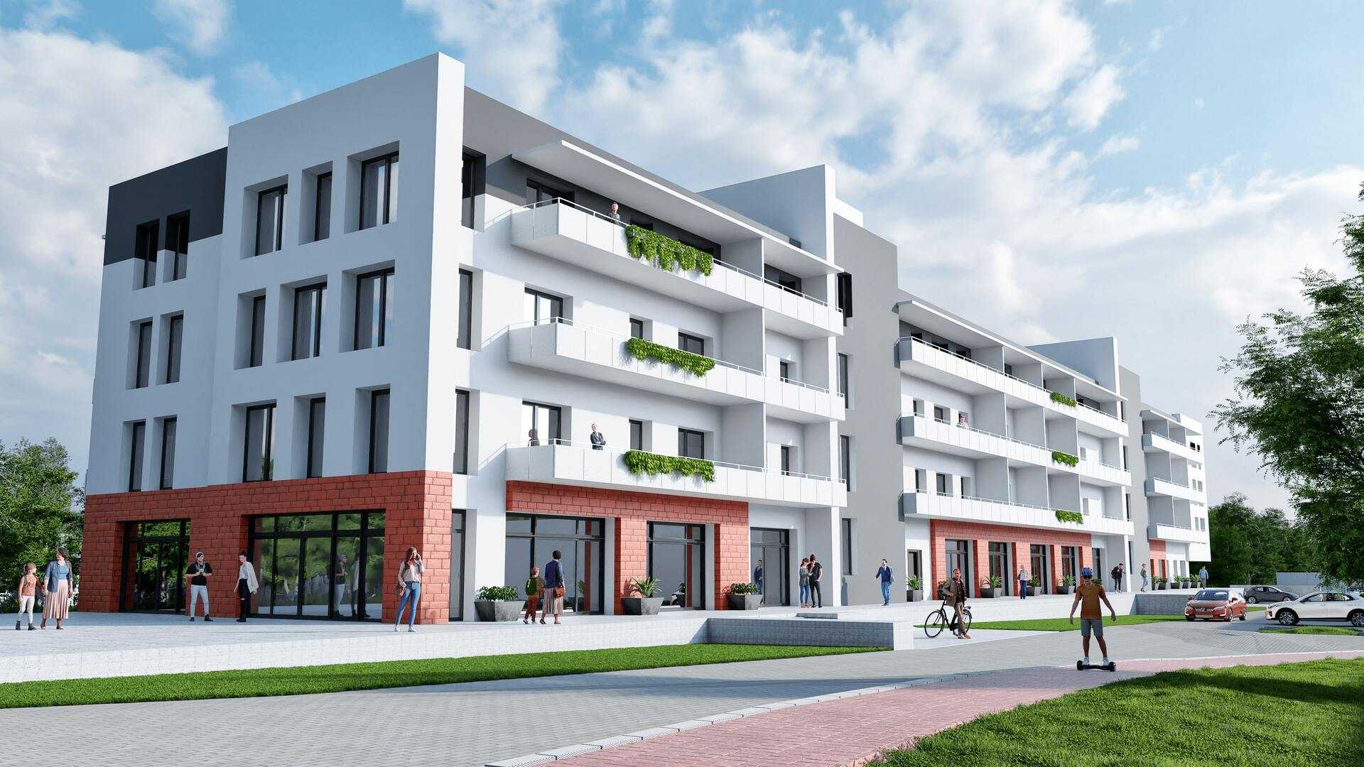 Wizualizacja 3D nowoczesnego budynku mieszkalnego z białymi elewacjami i czerwono-pomarańczowymi elementami
