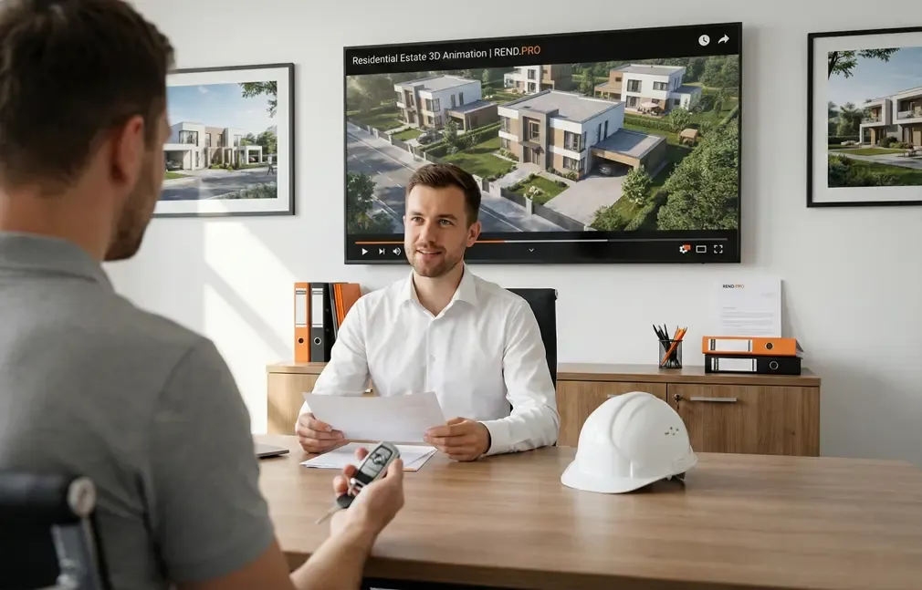 3D animation of a housing estate in the background in a developer’s office
