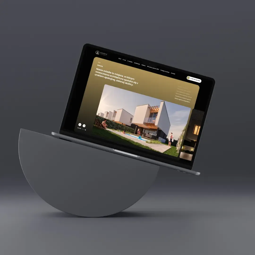 website des Bauträgers und das Entwicklungsprojekt auf dem Laptop sichtbar